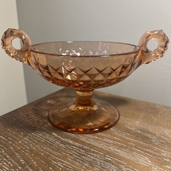 Unmarked Other - VINTAGE PINK DEPRESSION DIAMOND PEDESTAL GLASS BOWL TWO HANDLES